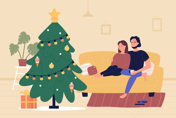 Happy Christmas Eve time, cartoon couple sitting and hugging on cozy sofa next to Christmas tree - Vector, Image