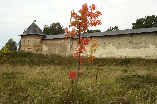 Autumn in Pskov Pechora monastery: walls, towers, plants - Photo, Image