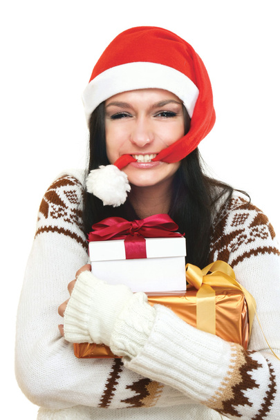 Mrs. Santa with catching a gift box - 写真・画像