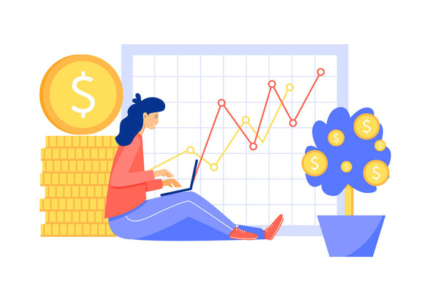 Return on investment concept. Young woman checks a graph of the growth of his investments on a laptop screen next to stacks of gold coins - Vector, Image