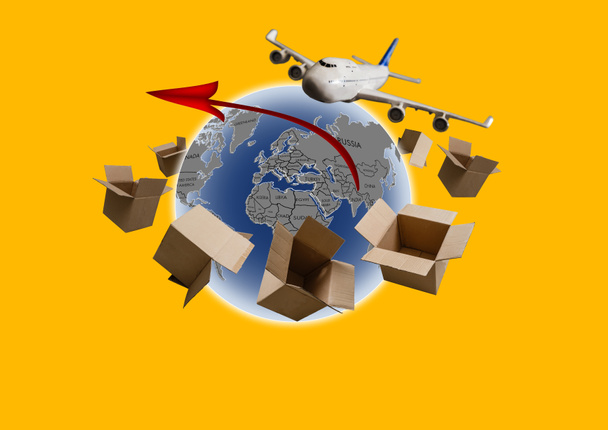 shipping boxes around the earth, ηλεκτρονικό εμπόριο online αγορές και logistics αποστολή εξαγωγή εισαγωγής - Φωτογραφία, εικόνα