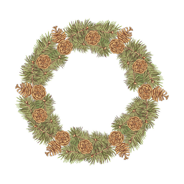 Wreath of Ponderosa Pine branches and cones. Vintage hand-drawn collection of festive decor and greeting cards. Vector illustration. - Vecteur, image