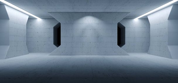 Sci Fi Moderno Alien Spaceship Room Tunnel Corridor Branco Betão Rough Grunge Studio Garagem Hangar Luzes Brancas 3D Rendering Illustration - Foto, Imagem