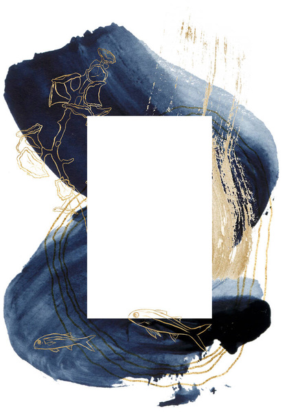Akvarel klasická modrá karta se zlatou rybou. Ručně malovaný rámeček s podmořskými zvířaty. Mořská ilustrace pro design, tisk, tkaninu nebo pozadí. - Fotografie, Obrázek