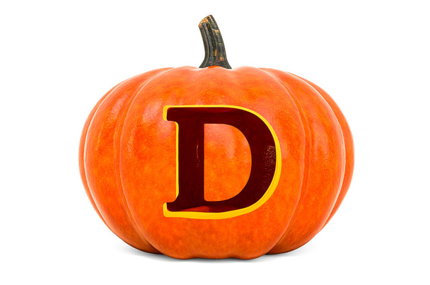 Levél D Halloween Font. Tökfej faragott betűvel, 3D-s renderelés elszigetelt fehér alapon - Fotó, kép