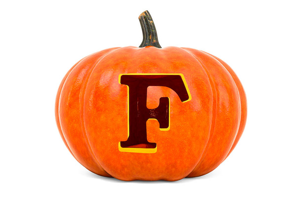 Levél F Halloween Font. Tökfej faragott betűvel, 3D-s renderelés elszigetelt fehér alapon - Fotó, kép
