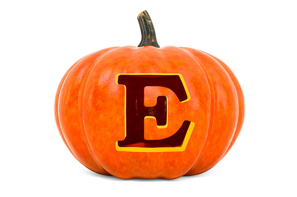 Levél E Halloween Font. Tökfej faragott betűvel, 3D-s renderelés elszigetelt fehér alapon - Fotó, kép