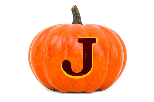 Levél J Halloween Font. Tökfej faragott betűvel, 3D-s renderelés elszigetelt fehér alapon - Fotó, kép