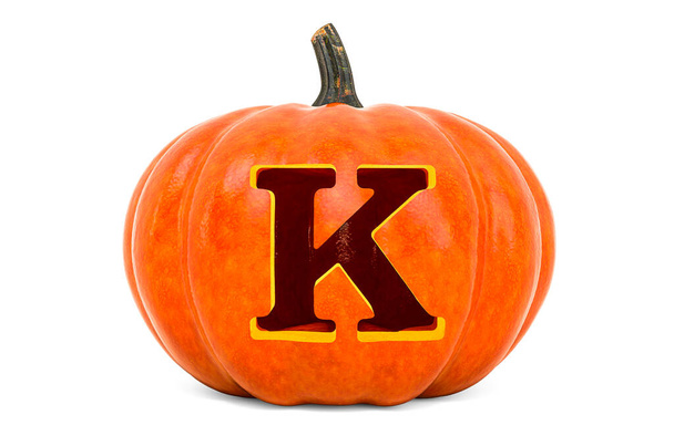 Písmeno K Halloween Font. Dýně s vyřezávaným písmenem, 3D vykreslování izolované na bílém pozadí - Fotografie, Obrázek