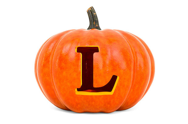 Letra L Halloween Font. Calabaza con letra tallada, representación 3D aislada sobre fondo blanco - Foto, Imagen