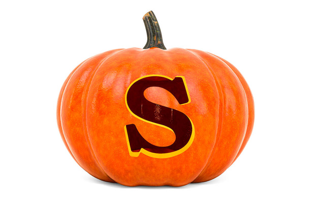 Letter S Halloween Font. Pumpkin with carved letter, 3D rendering isolated on white background - Photo, Image