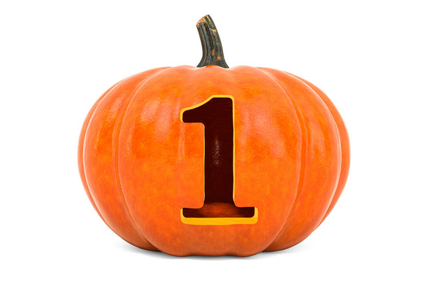 Number 1 Halloween Font. Pumpkin with carved 1, 3D rendering isolated on white background - Photo, Image