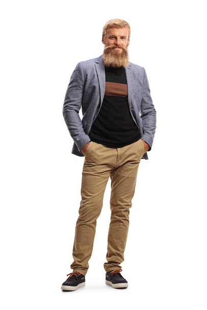 Full length portrait of a bearded guy with mustache posing isolated on white background - Photo, Image
