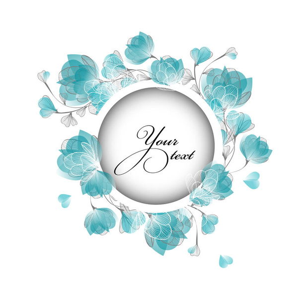 Carte d'invitation avec couronne ronde florale en bleu. Roses, pois décoratifs, buttercups. Illustration vectorielle vintage. - Vecteur, image