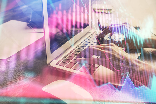 Double exposure of woman hands typing on computer and forex chart hologram drawing. Stock market invest concept. - Photo, image
