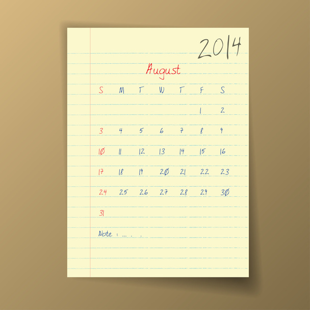 Серпень 2014 календар
 - Вектор, зображення