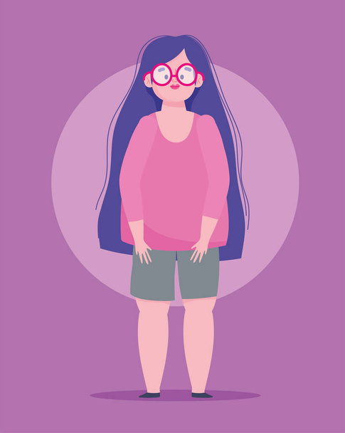 perfectly imperfect, cartoon woman wearing glasses character - Vector, Image