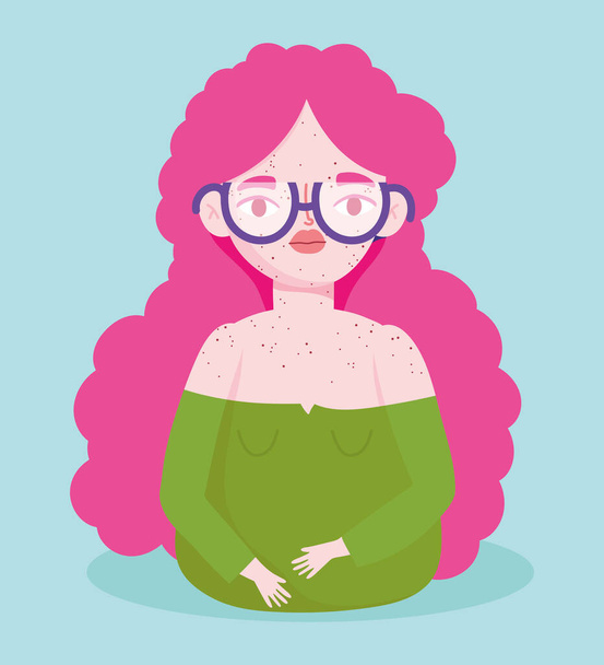 τέλεια ατελής, γυναίκα κινουμένων σχεδίων με γυαλιά και φακίδες, αυτοπεποίθηση, - Διάνυσμα, εικόνα