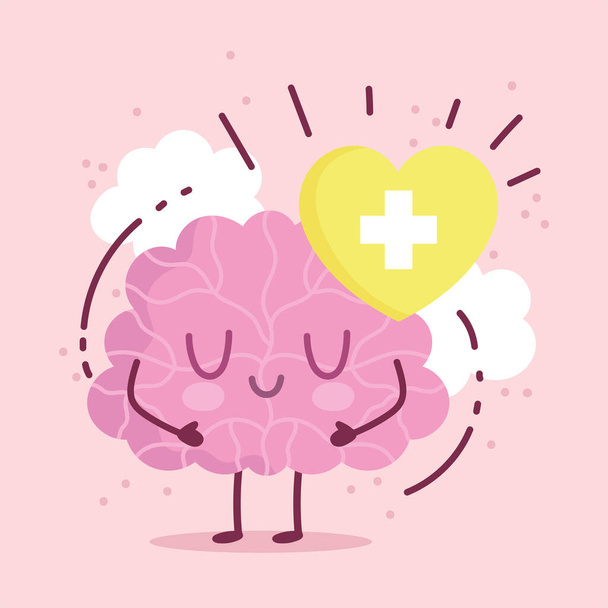 wereld geestelijke gezondheid dag, cartoon hersenen karakter hart medische - Vector, afbeelding