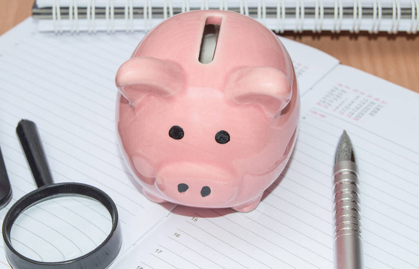 Piggy Bank, pen, magnifying glass on the organizer for business planning. Business concept of saving finances - Foto, immagini