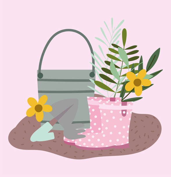 szczęśliwy ogród, buty wiadro grabie łopata i kwiaty - Wektor, obraz