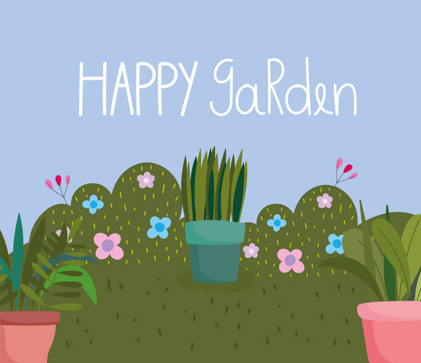 happy garden, potted plants flowers bushes foliage grass nature - Vector, Image