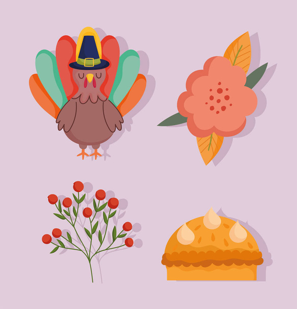 Gelukkige Thanksgiving dag, kalkoen bloem cake bessen tak nadelen - Vector, afbeelding