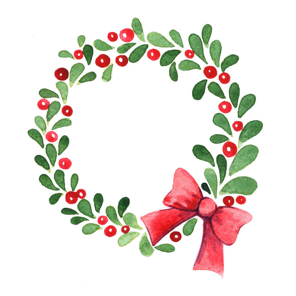 Abstrakte grüne Blätter und roter Beerenkranz mit rotem Schleifenband Aquarell-Handmalerei zur Dekoration an Weihnachtsfeiertagen. - Foto, Bild