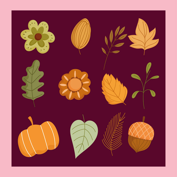 herfst achtergrond pompoen bloemen blad eikeltak pictogrammen - Vector, afbeelding