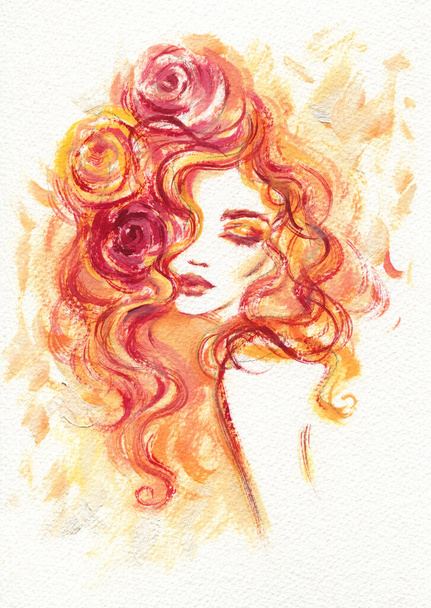 beautiful woman. fashion illustration. watercolor painting - Fotoğraf, Görsel