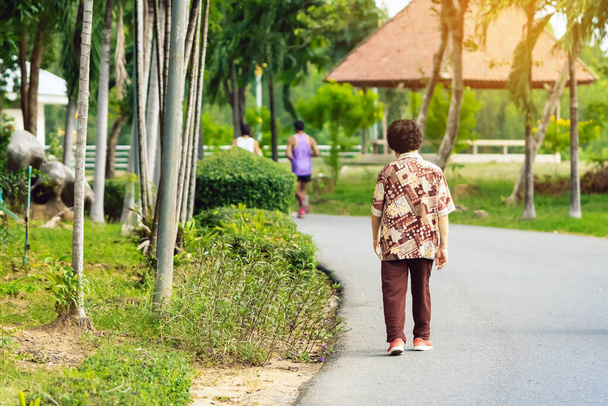 Corona Virüsü 'nden (COVID-19) korunmak için Asyalı yaşlı bir kadının arka plan portresi kamuya açık alanda yürüyüş ve koşu yapıyor. Huzurlu doğadan hoşlanan olgun bir kadın. Sağlık konsepti - Fotoğraf, Görsel