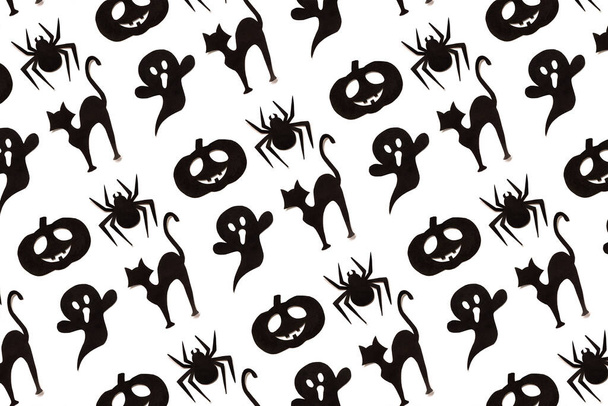 Halloween pattern. Cartoon black collection on white background. Paper art. Happy hallowen holiday concept. - Foto, immagini