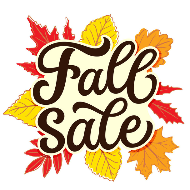 Őszi vásár. Kézírás szöveg őszi levelek fehér háttér. Vektortipográfia poszterekhez, transzparensekhez, kártyákhoz - Vektor, kép