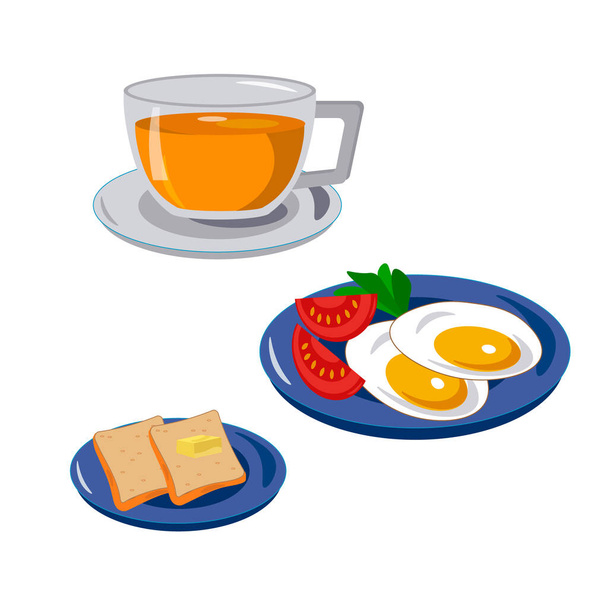 Desayuno - huevos, tomates y pan y mantequilla. - Vector, imagen
