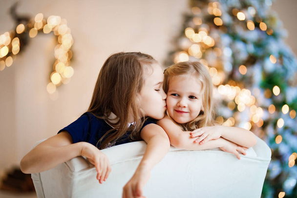 girls in chair on background of Christmas tree. - Foto, immagini