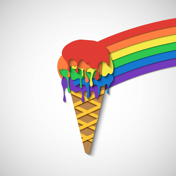 Ilustración del vector del cono del helado del arco iris con el estilo del arte del papel - Vector, Imagen