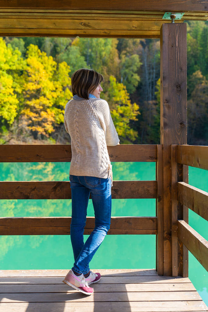 Girl near a blue lake in the mountains - Фото, зображення