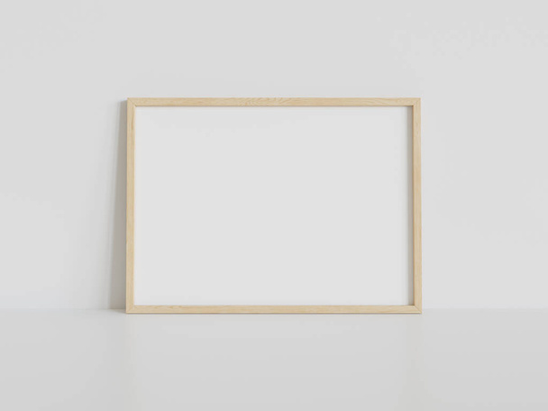 Wooden rectangular frame leaning on white floor in interior mockup. Template of a picture framed on a wall 3D rendering - Foto, Bild