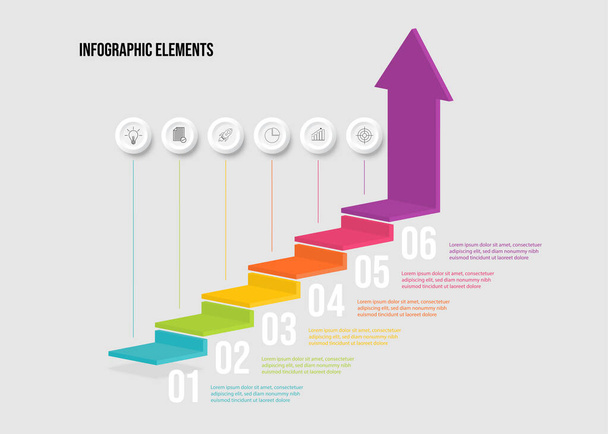 Moderno diseño de elementos de infografía de escalera 3d colorido con 6 opciones. pasos o procesos y la comercialización se pueden utilizar para el diseño y la presentación del flujo de trabajo. - Vector, imagen