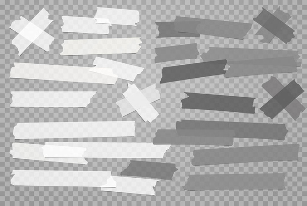 Set di adesivi bianchi grigi di diverse dimensioni, adesivi, maschere, nastro adesivo, i pezzi di carta sono su sfondo trasparente grigio scuro - Vettoriali, immagini