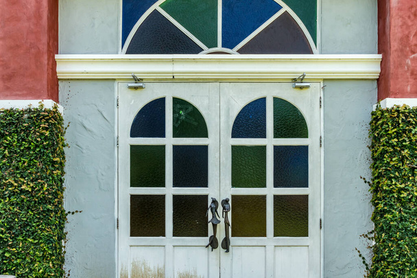 Bílé dřevěné dveře s barevným sklem a zelenými rostlinami - Fotografie, Obrázek