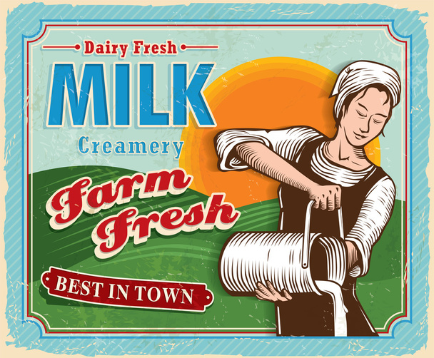 Vintage farm fresh Milk with female worker poster - Вектор, зображення