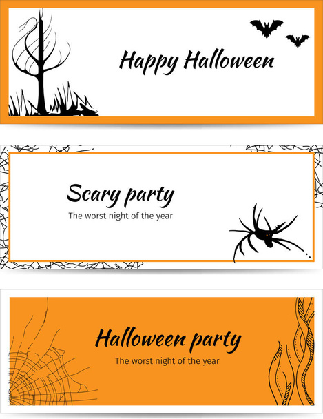 Σετ από λάβαρα Halloween με μαύρα φυτά, νυχτερίδες και αράχνες στο διαδίκτυο. Οριζόντια πλαίσια κειμένου. Τρομακτική διανυσματική απεικόνιση - Διάνυσμα, εικόνα