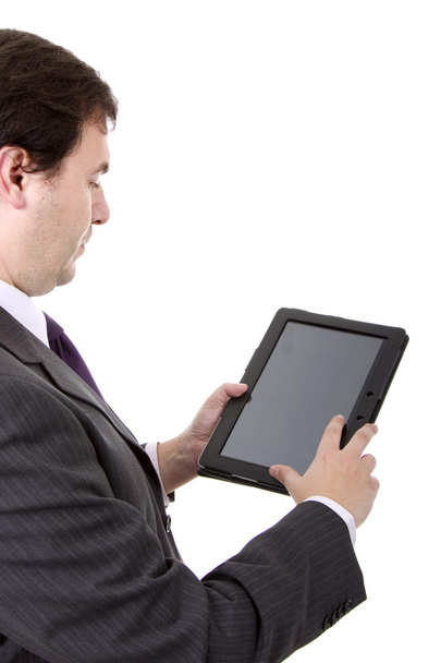 Businessman using touch pad, close up shot, isolated - Foto, Imagen