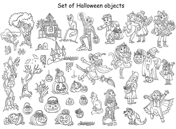 Sarjakuva halloween kuvitus. Vektori väritys sivut iso joukko lapsia puvut ja eri Halloween esineitä. Värityskirja lapsille, tulostus, peli, koristelu ja tarrat. - Vektori, kuva