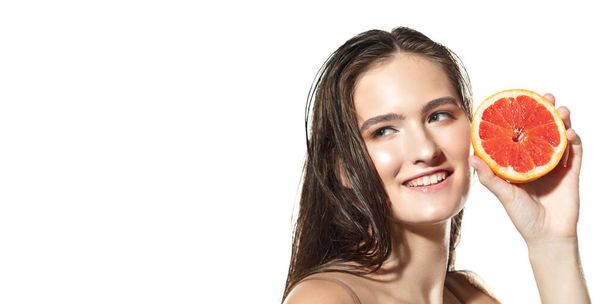 Beautiful face of young woman with clean fresh skin. Flyer with copyspace - Valokuva, kuva