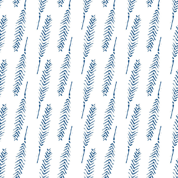 Mono druk styl wąskie liście bezszwowe wektor wzór tła. Niebieskie białe tło równoległych rzędów lino efekt cięcia malarsko liści. Ręcznie robiony pomysł. Pionowe powtarzanie geometryczne - Wektor, obraz