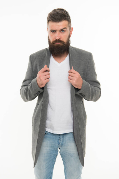 Feeling comfortable in natural fabric clothes. Simple and casual. Casual outfit. Menswear and fashion concept. Man bearded hipster stylish fashionable jacket. Casual jacket perfect for any occasion - Fotoğraf, Görsel