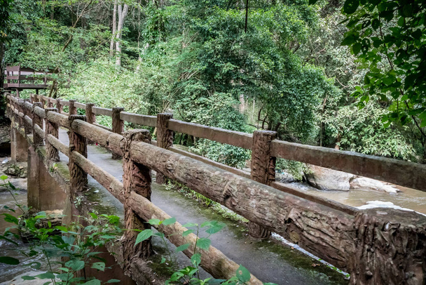 Yeşil ormanlı derenin üzerinde beton köprü. - Fotoğraf, Görsel
