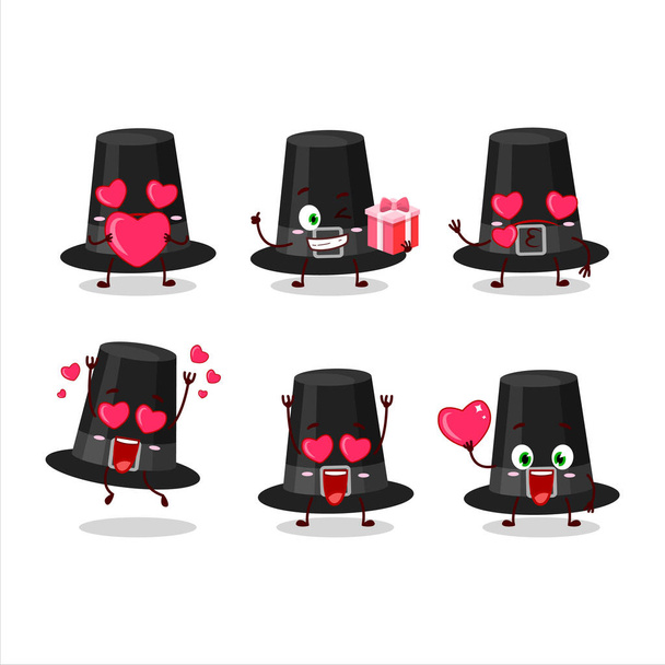 Black pilgrims hat cartoon character with love cute emoticon.Vector illustration - Vector, Imagen